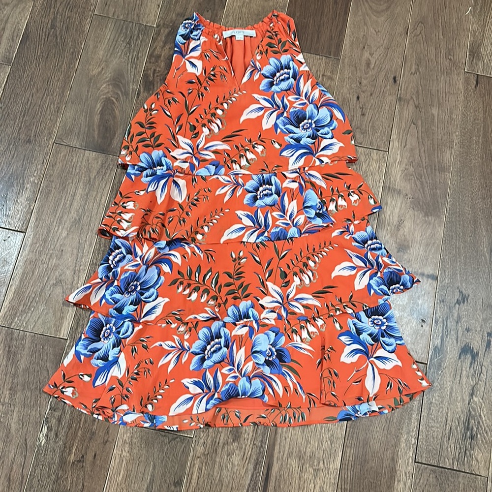 LOFT Orange Floral Tiered V-Neck Dress with Blue Blooms